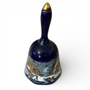 Vintage Currier & Ives Elegant Cobalt Blue and Gold Decorative Porcelain Bell